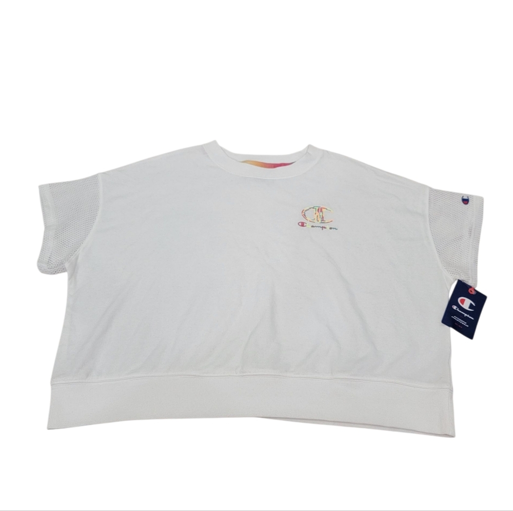 NWT Champion Cropped Sweatshirt Crewneck White Short Sleeve Crop Top Women’s L